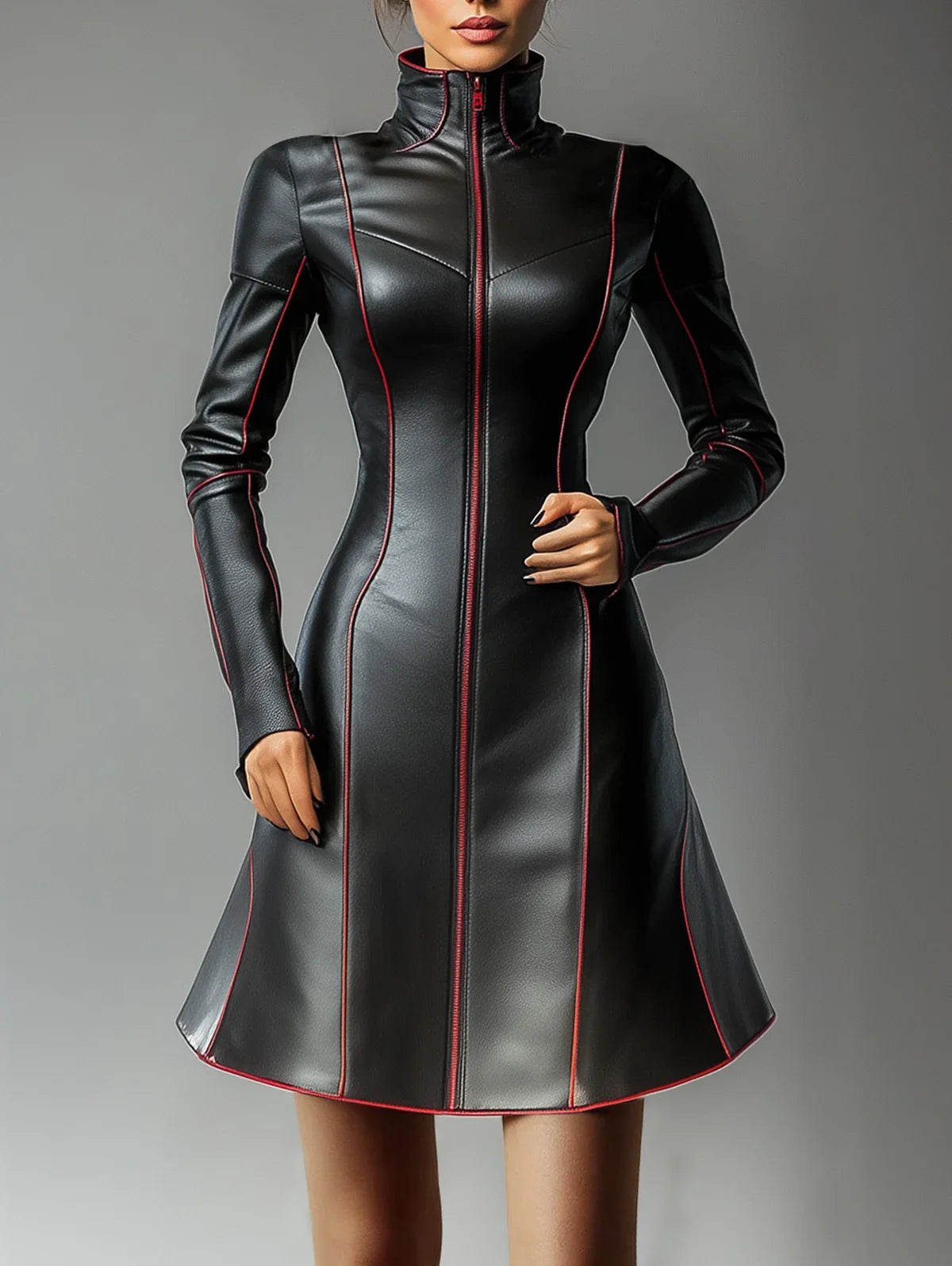 FZ Women's Pleated A-Line Vintage Casual High Street  PU Leather Dress