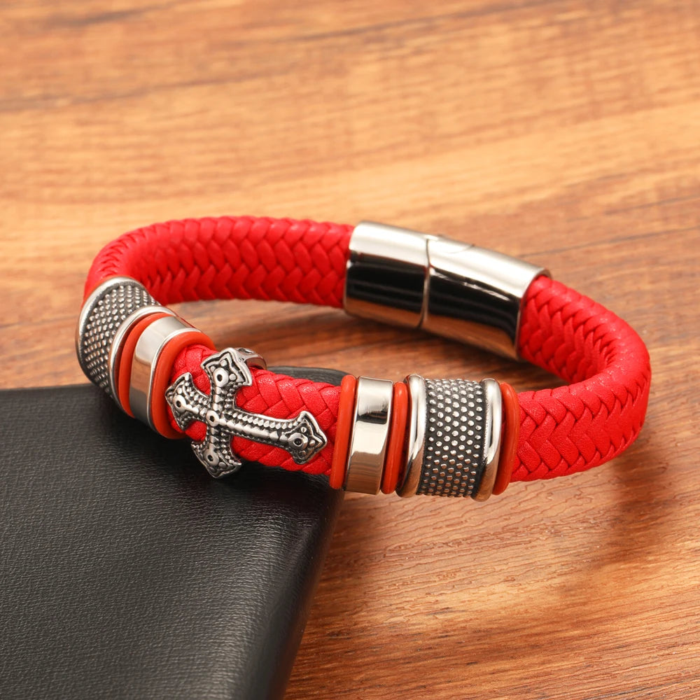 FZ Punk Style Hand Woven Titanium Steel Cross Genuine Leather Bracelet - FZwear