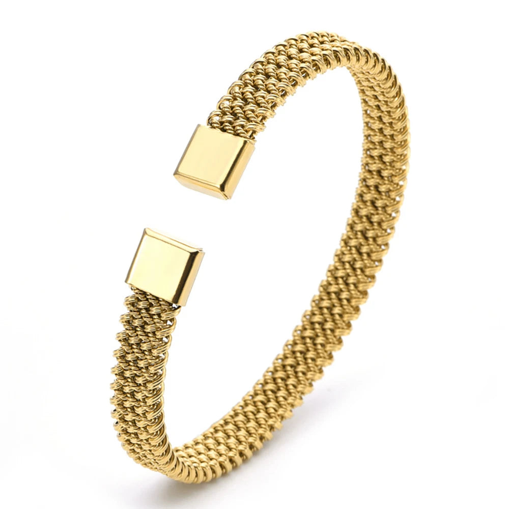 FZ 8MM Woven Flat Mesh C-Shaped Open Vintage Stainless Steel Bracelet