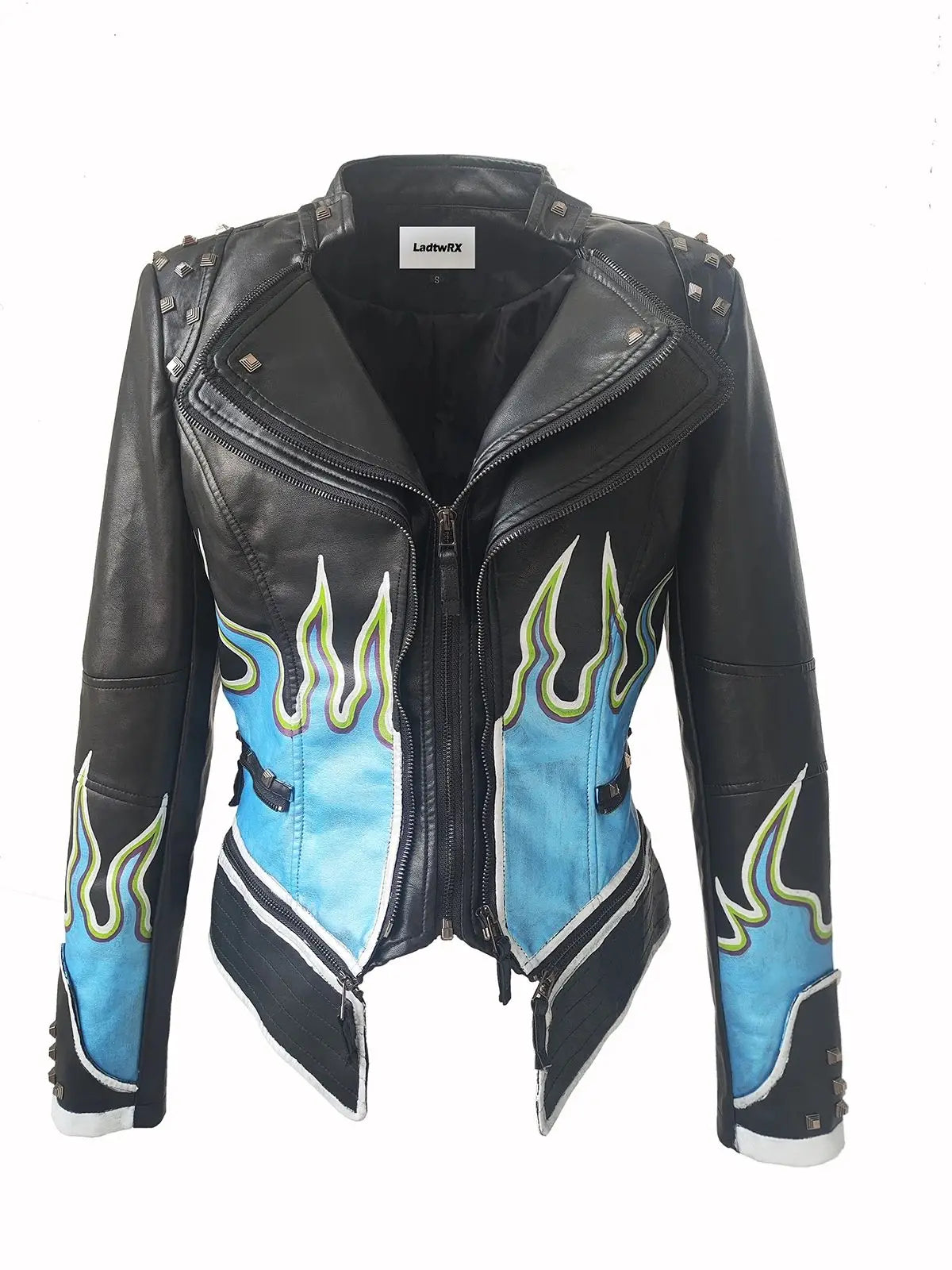 FZ Women's Flame Painting Faux Leather Studded Moto Streetwear PU Jacket