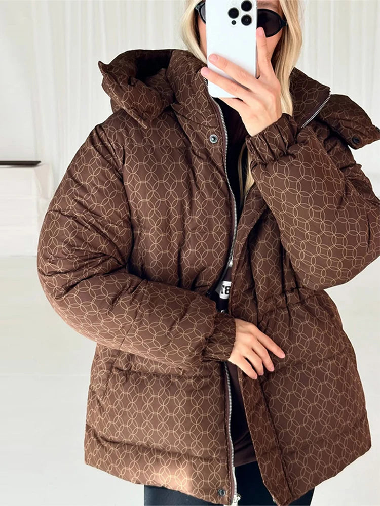 FZ Women's Padded Printed Outerwear Waist-Cinching Coat Jacket