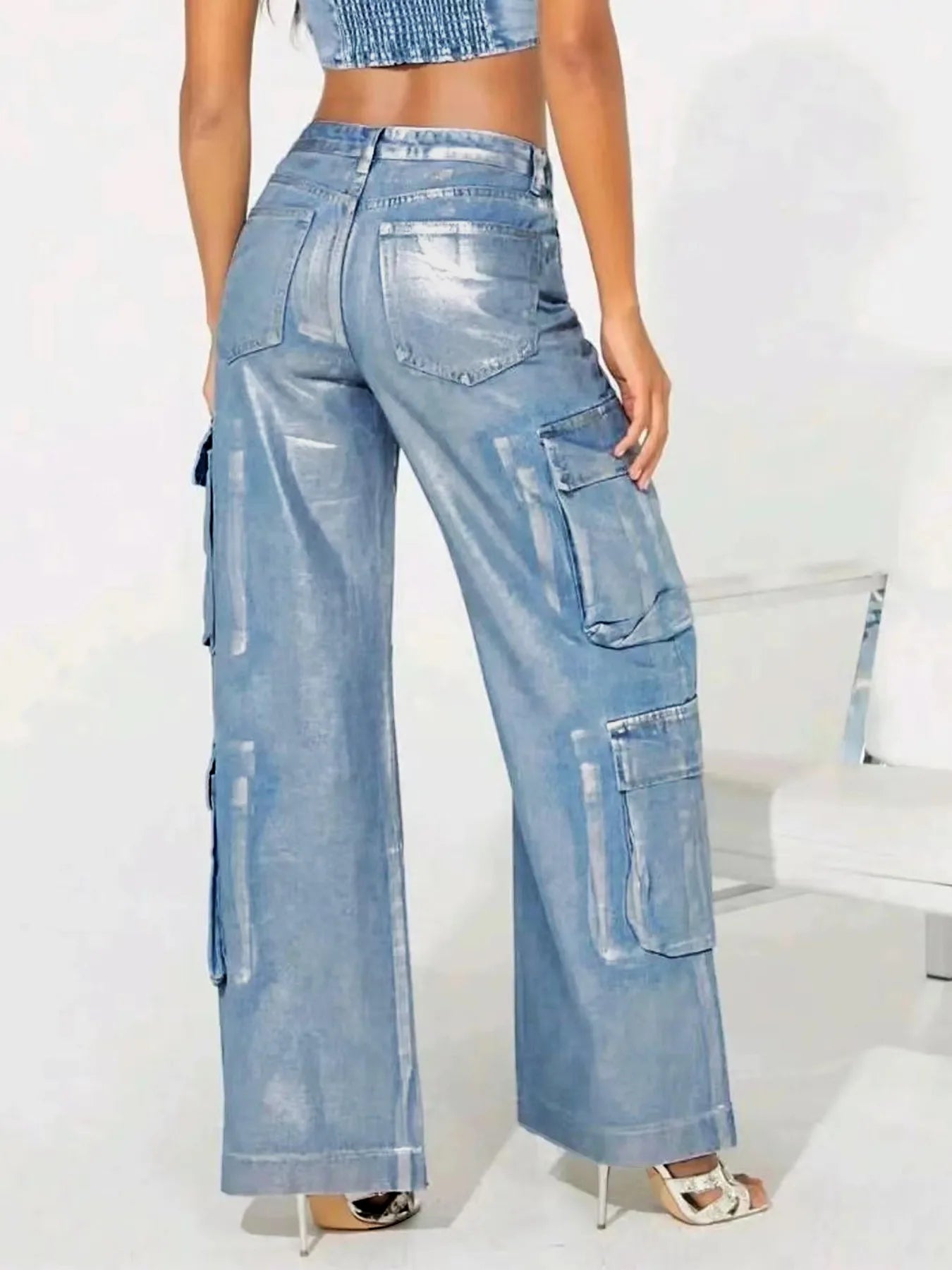 FZ Women's Multi-Pocket Bronzing Comfortable Casual Loose Denim Pants