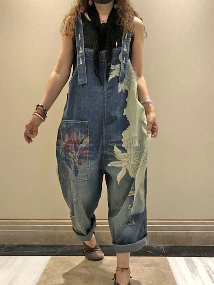 FZ Women's Fashion Printed Denim Vintage Loose Jumpsuit - FZwear