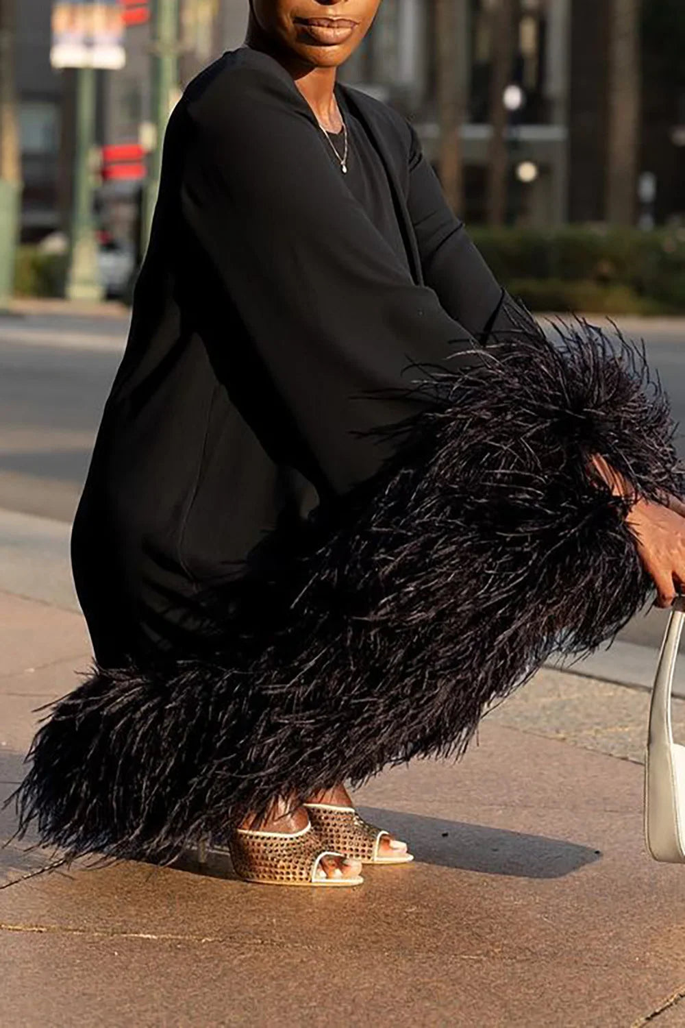 FZ Women's Plus Size Feather Hem Cocktail Round Neck Solid Y2K Mini Dress