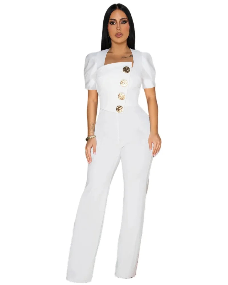 FZ Women's Button Front Puff Short Sleeve Wide Leg One Piece Jumpsuit