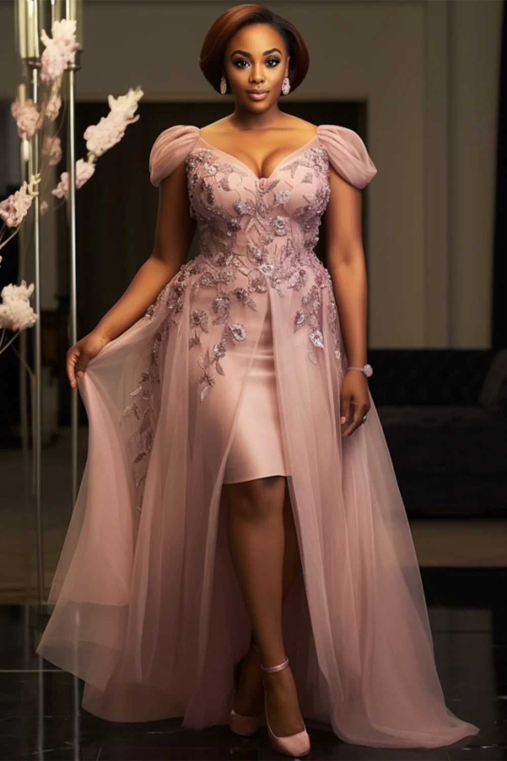 FZ Women's Plus Size V Neck Short Sleeve Split Embroidery Midi Evening Dress