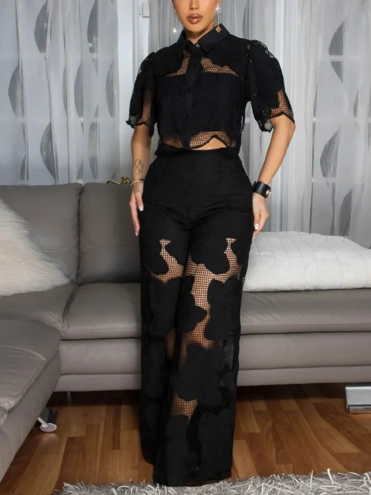 FZ Women's 2 Piece Mesh Lace High Waist Wide Leg Pants Suit