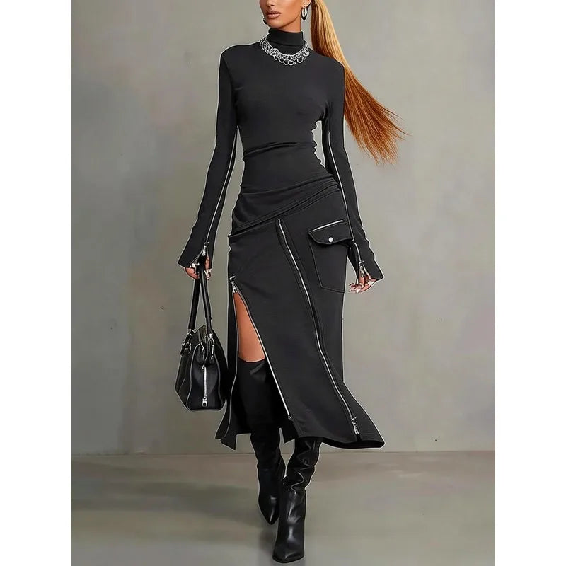 FZ Women's Asymmetric  Y2k Turtleneck Long Sleeve Streetwear Dress