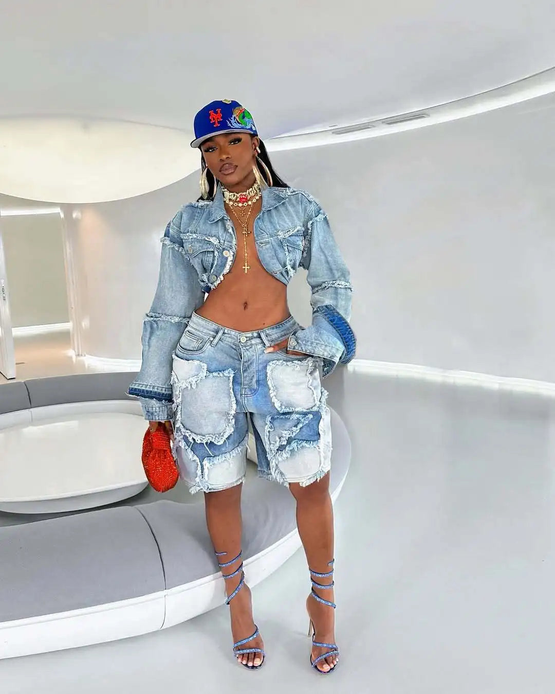 FZ Women's Y2K Streetwear Two Piece Denim Shorts Suit