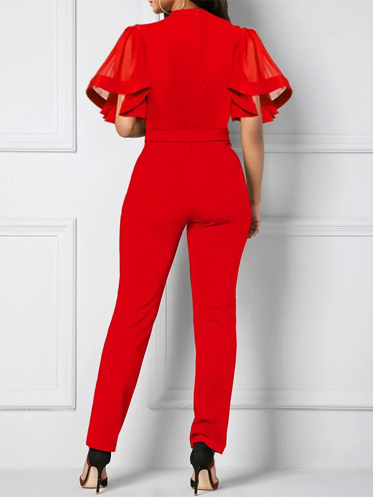 FZ Women's Elegant Mesh Petal Sleeve Lace Up Jumpsuit - FZwear