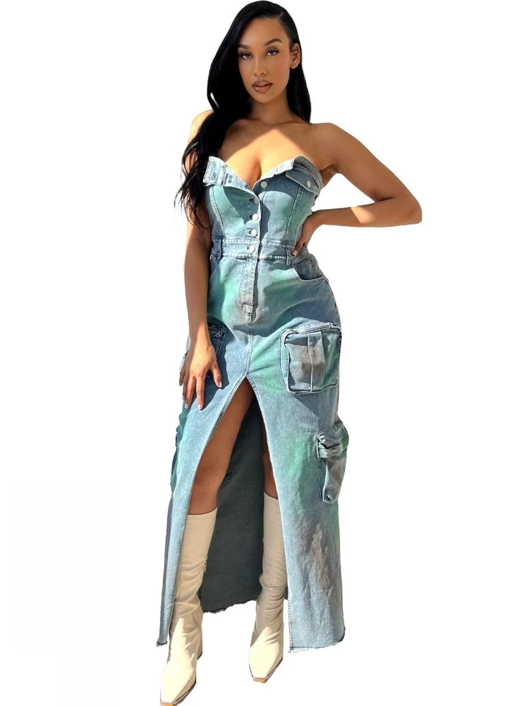 FZ Women's Strapless Sexy Retro Elegant High Waist Denim Dress - FZwear