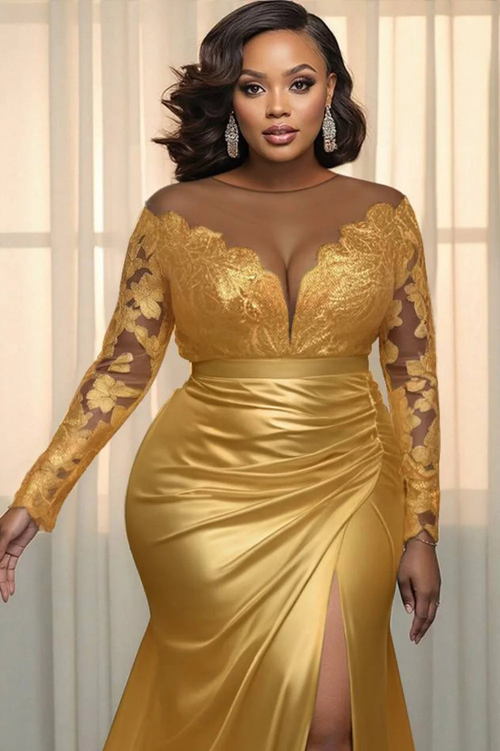 FZ Women's Plus Size Turndown Collar Long Sleeve Split Satin Maxi Dress