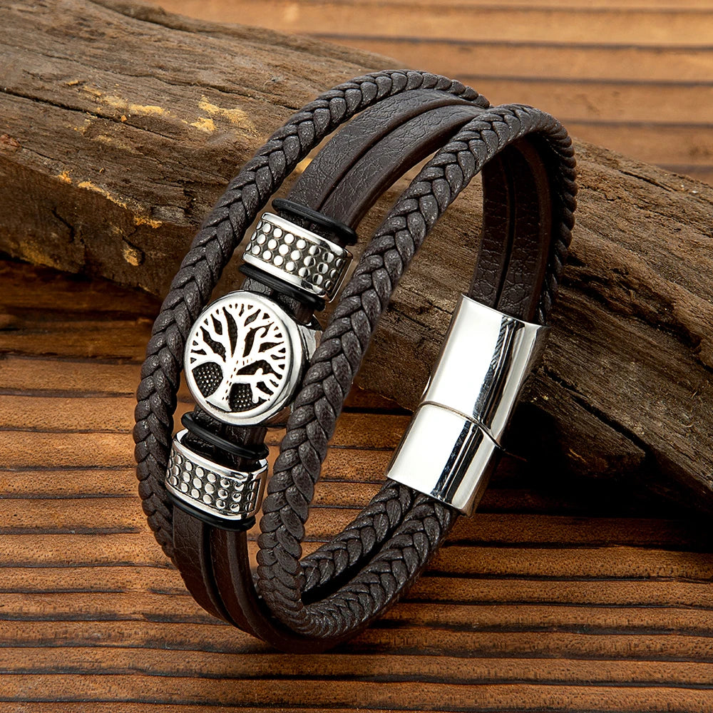 FZ Punk Style Stainless Steel Tree of Life Braided Multilayer Leather Bracelet