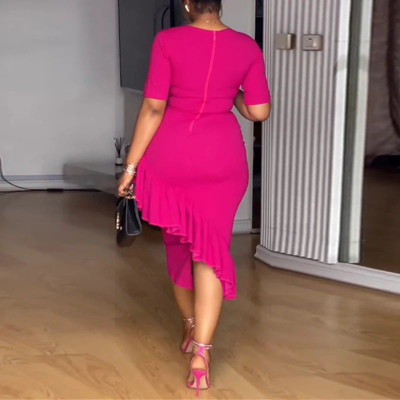 FZ Women's Asymmetrical Neck Short Sleeves Ruffles Cocktail Midi Dress