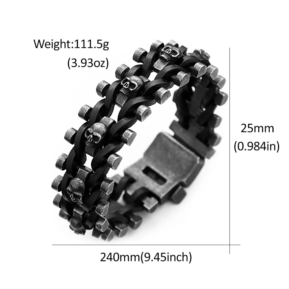 FZ Black Skull Braided Leather Stainless Steel Cool Skull Bracelet