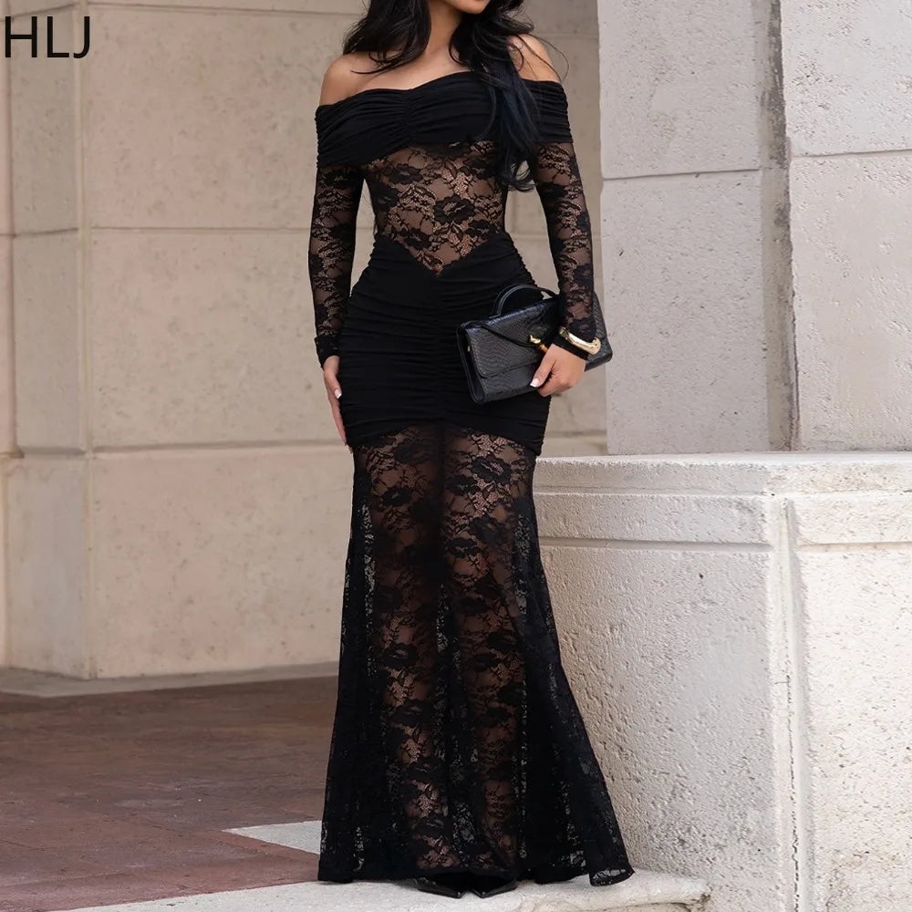FZ Women's Lace See Through Patchwork Off Shoulder Long Sleeves Evening Dress