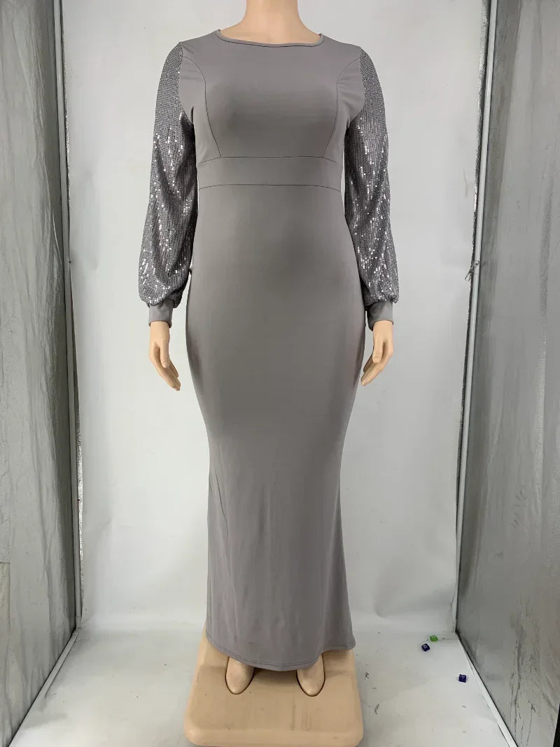 FZ Women's Plus Size Sequin Patchwork Lantern Long Sleeve Maxi Evening Dress