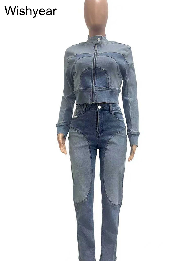 FZ Women's Vintage Patchwork Pencil 2 Piece Denim Pants Suit