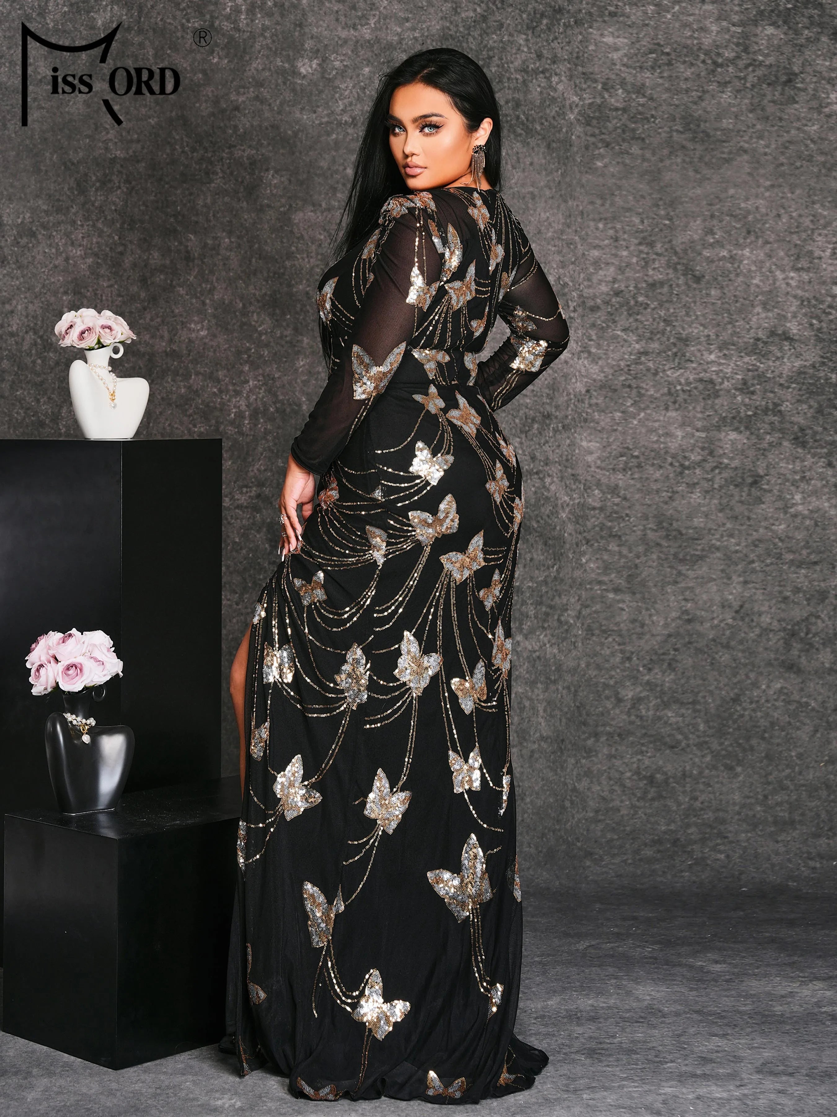 FZ Women's Plus Size Sequin Round Neck Long Sleeved Split Cocktail Evening Dress