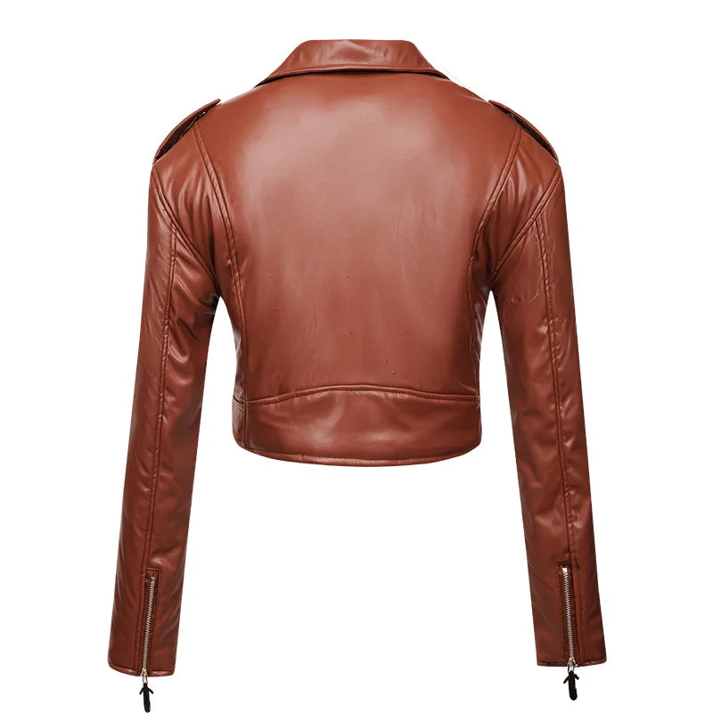 FZ Women's high waist long sleeve lapel diagonal zipper PU leather jacket