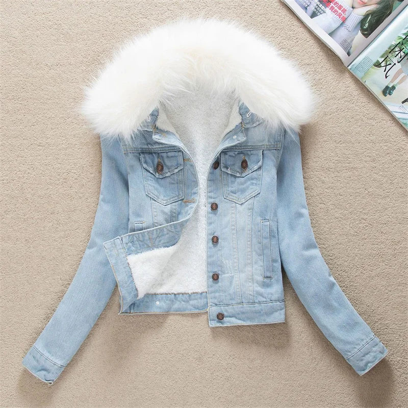 FZ Women's Big Fur Collar Short Coat Thicken Velvet Liner Fleece Denim Jacket
