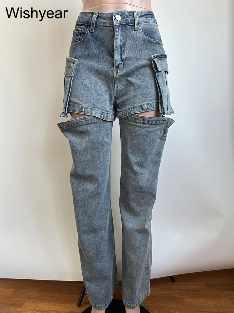 FZ Women's Stretch Detachable High Waist Hollow Out Denim Pants - FZwear