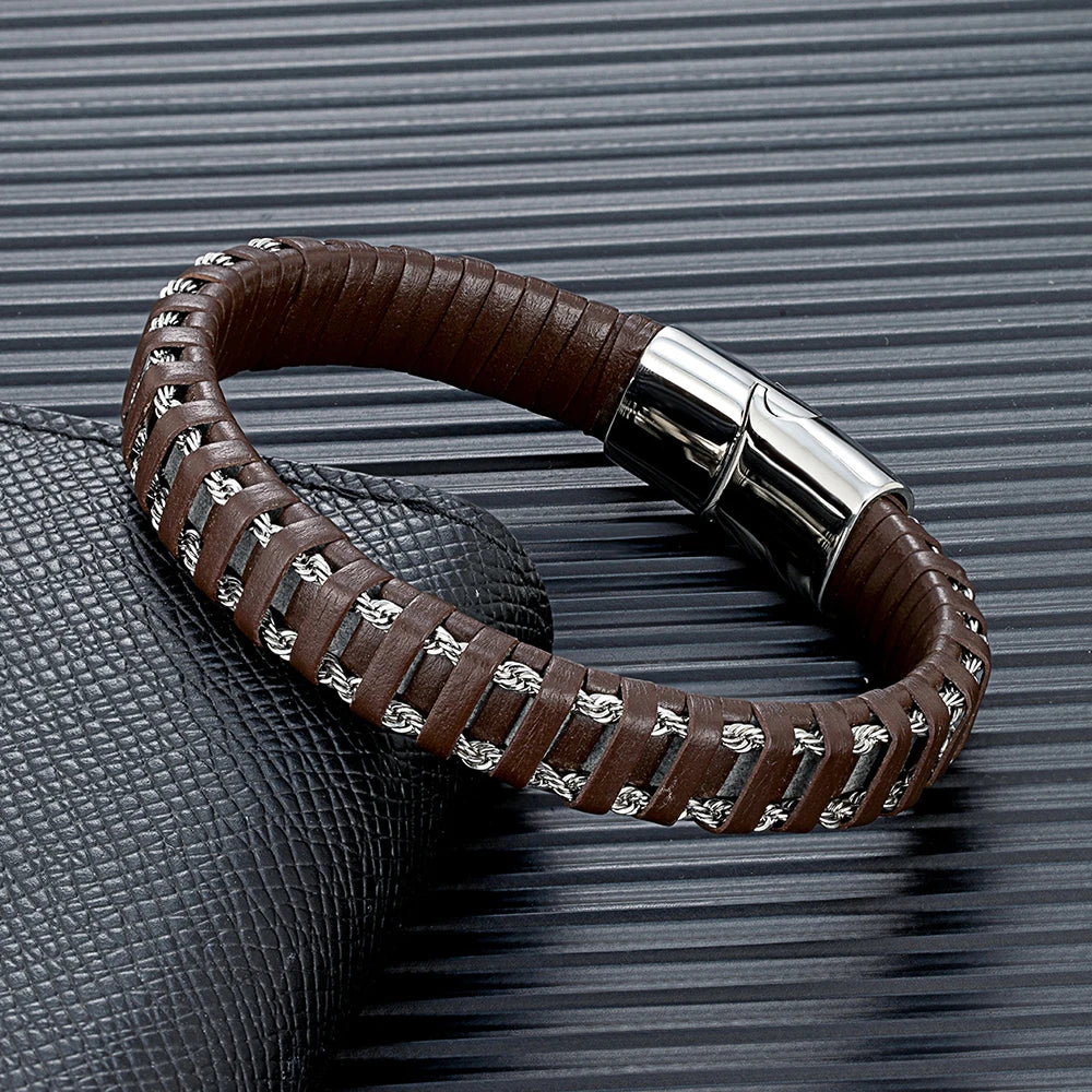 FZ Stainless Steel Link Chain Combination Blue Leather Bracelet - FZwear