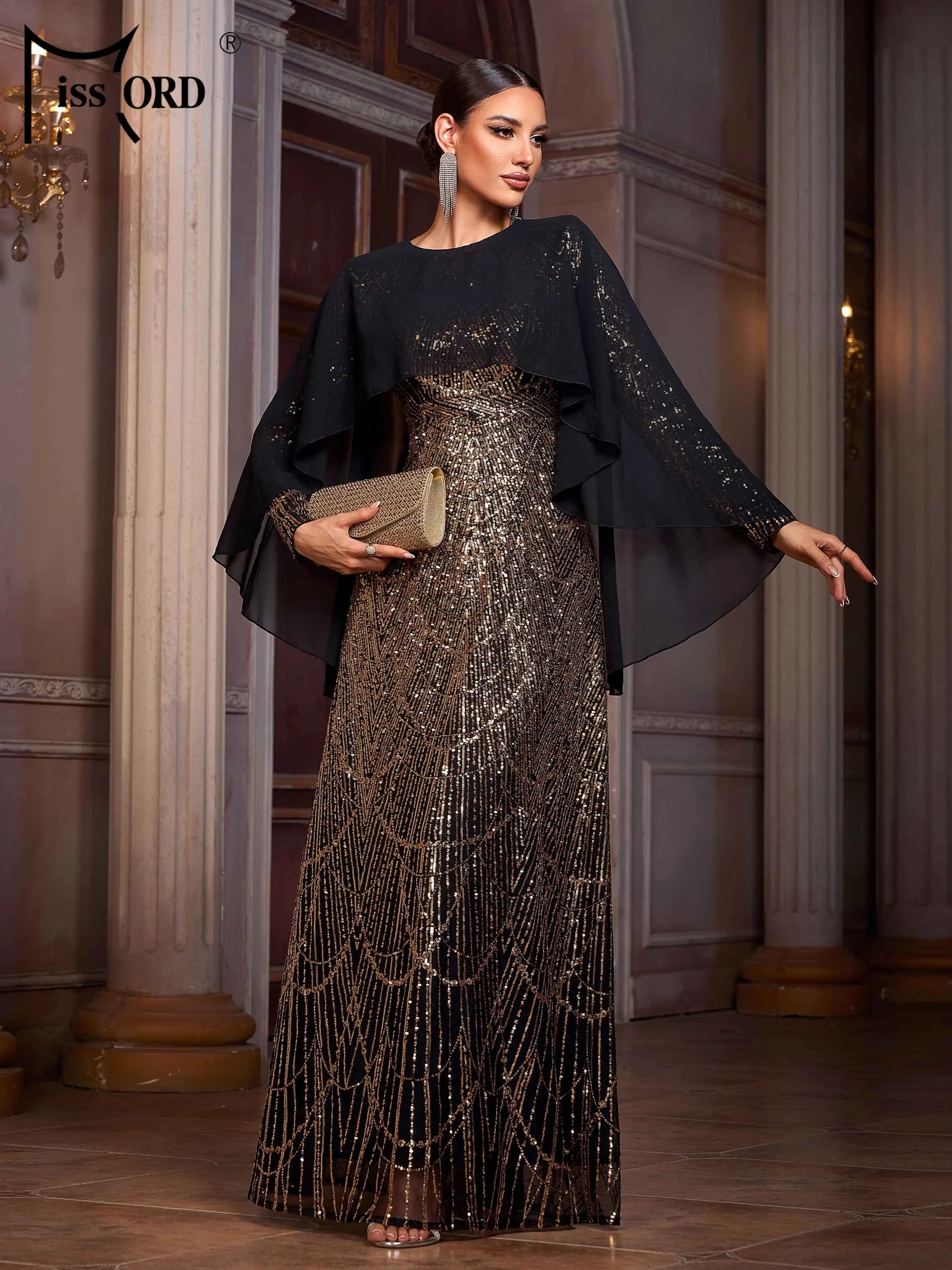 FZ Women's Round Neck A Line Sequin Batwing Sleeves Maxi Evening Dress