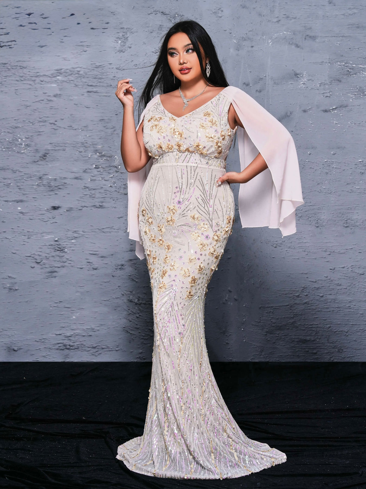 FZ Women's Plus Size V Neck Sequin Mermaid Floor Length Evening Dress