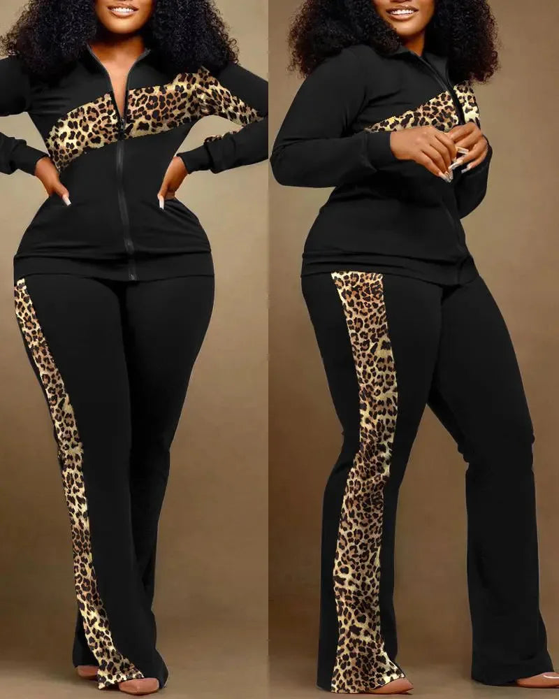 FZ Women's Print Zipper Stand Collar Sheath Full Sleeve Straight Two Piece Pants Suit