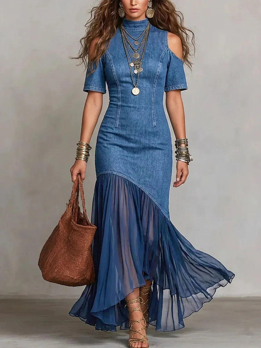 FZ Women's Mock Neck Splicing Chiffon Pleated Off-shoulder Vintage Denim Dress