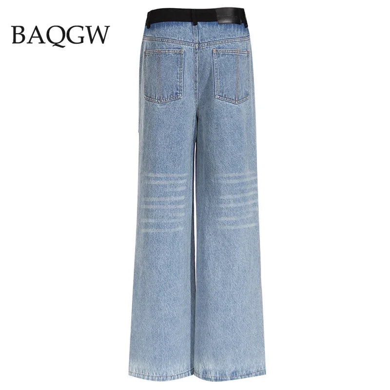 New Design Streetwear Women's High Waisted Jeans Straight Pants Color Block Patchwork Spring Autumn Casual Denim Pants Trousers - FZwear