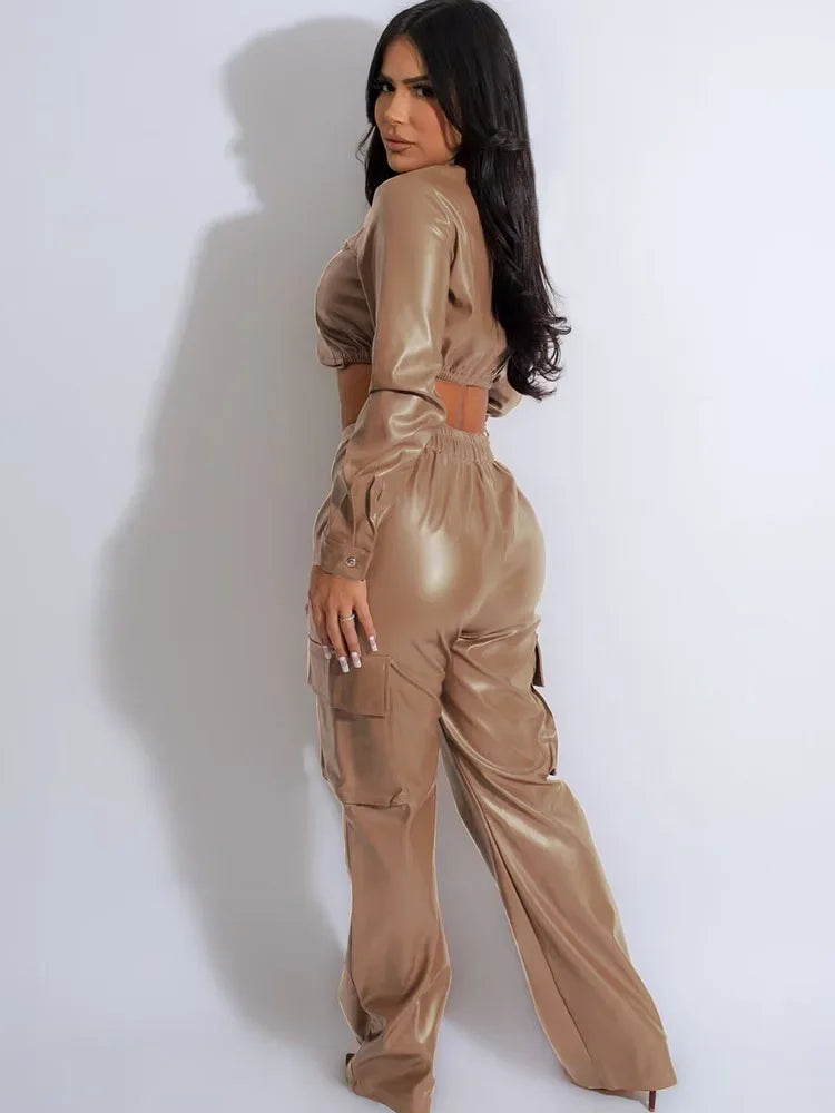 FZ Women's PU Faux Leather 2 Piece Wide Leg Pants Suit - FZwear