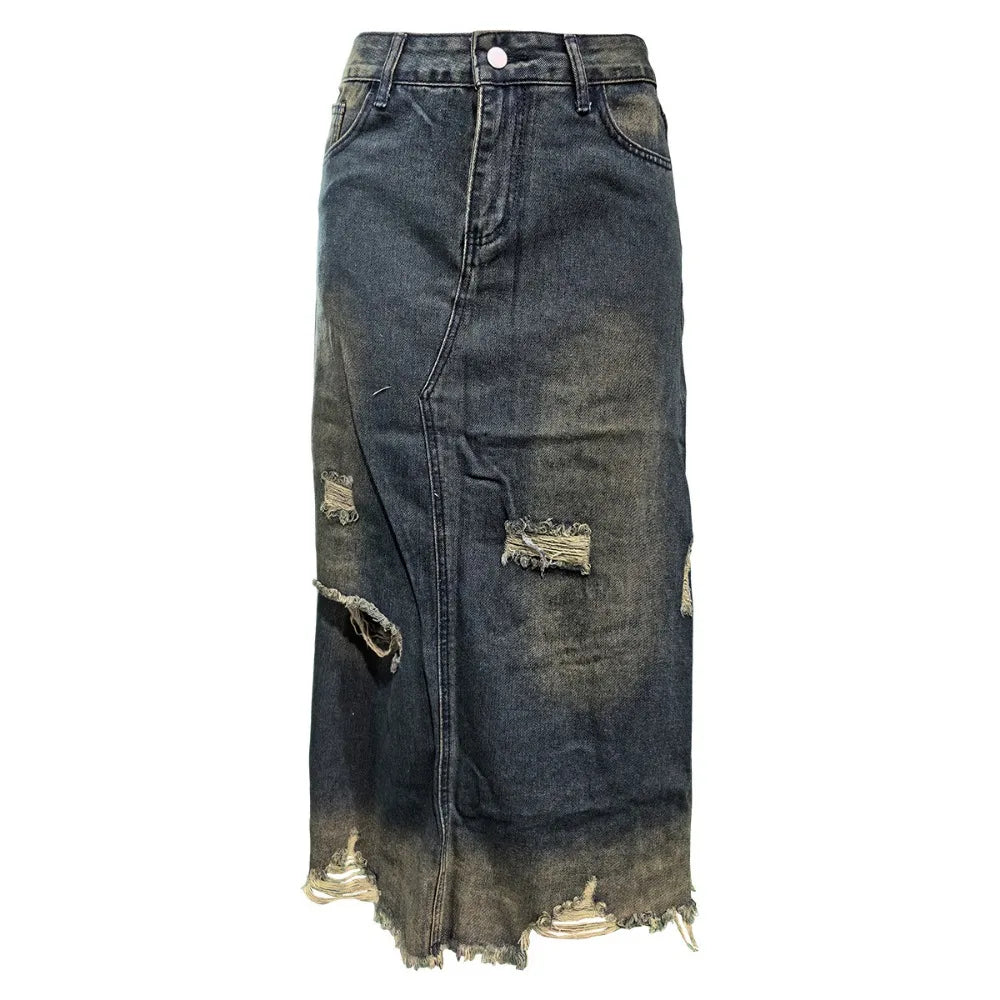 FZ Women's Fashion Retro Pocket Straight High Waisted Button Hole Distress Denim Skirt