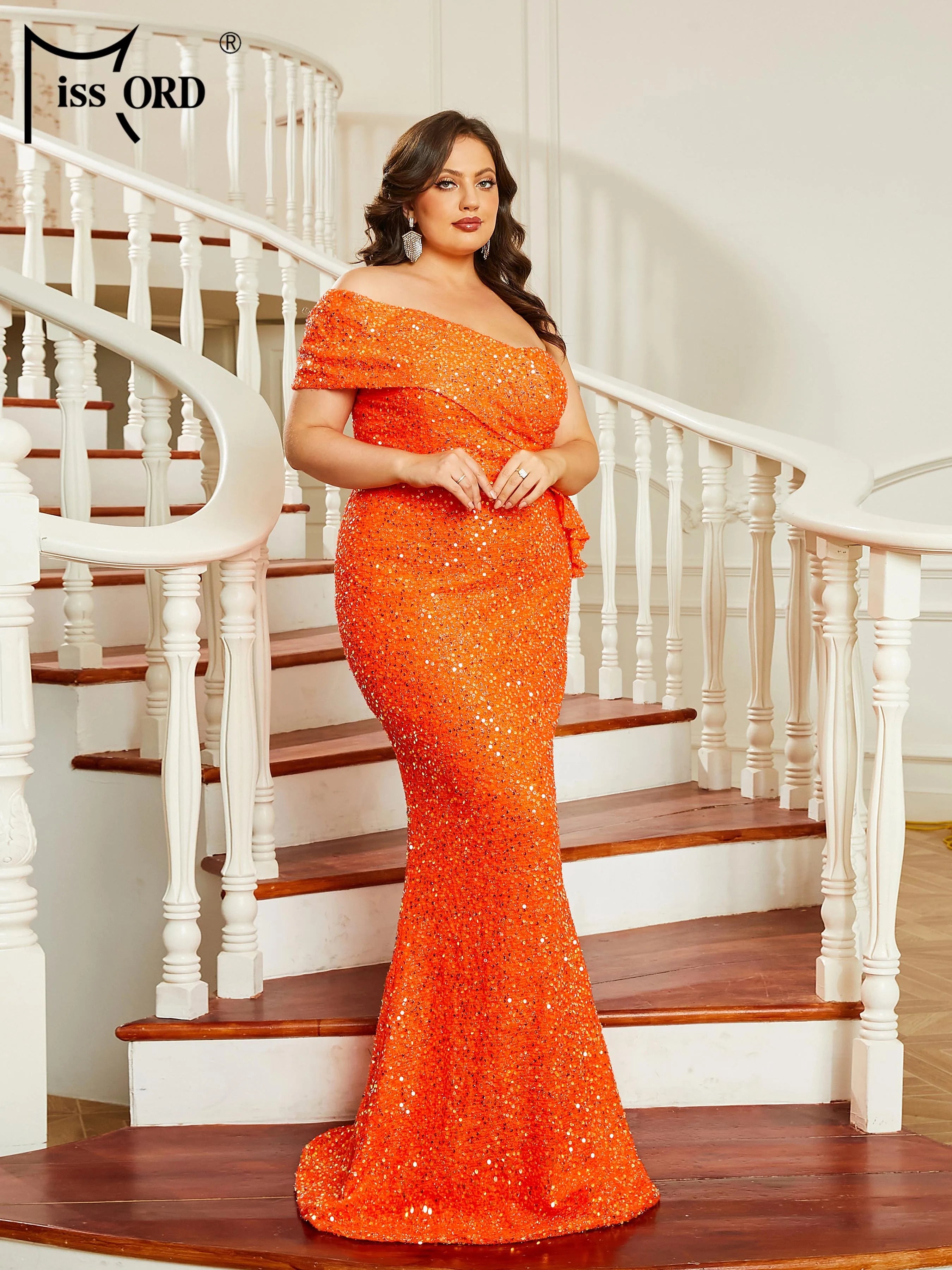 FZ Women's Plus Size One Shoulder Sequin Mermaid Evening Dress