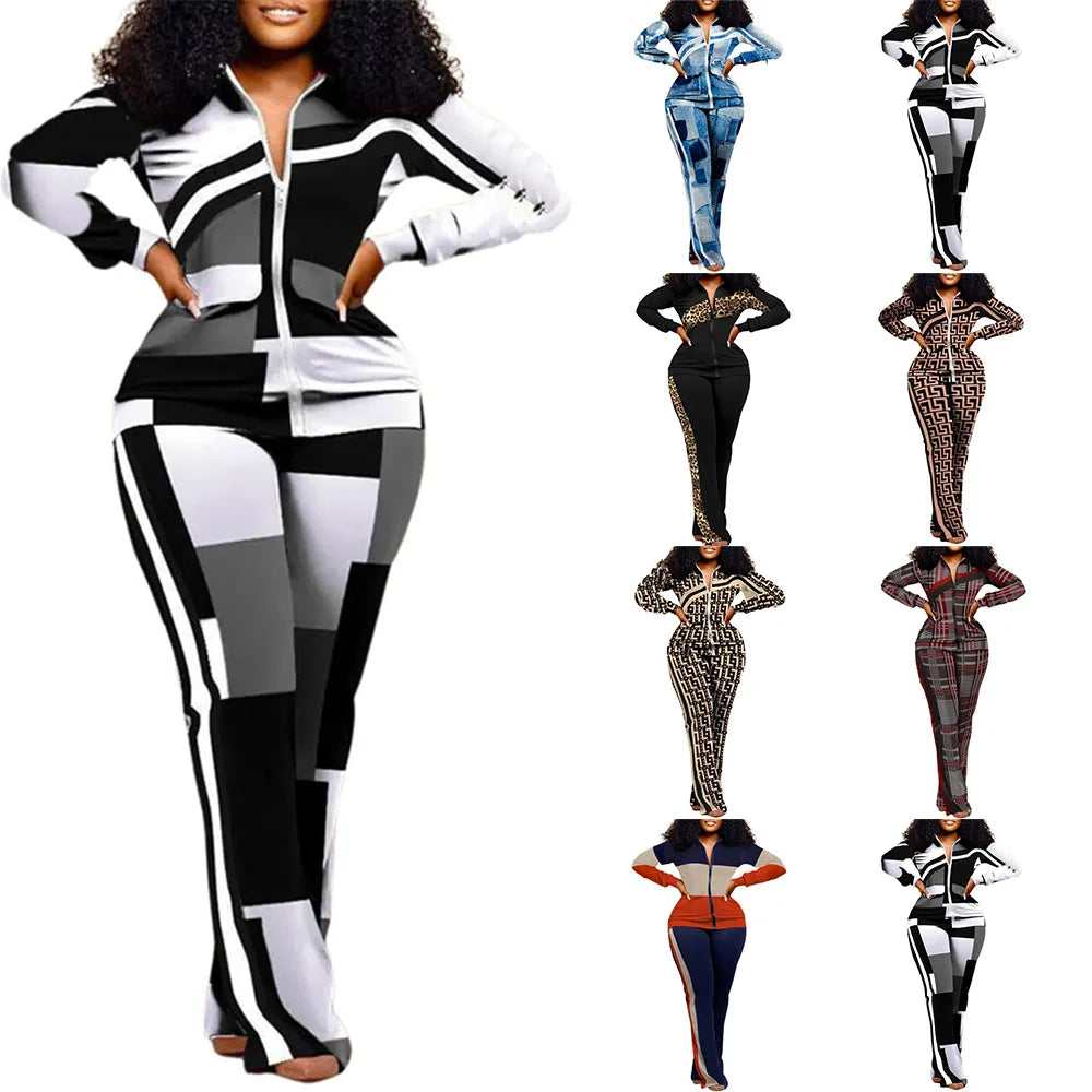 FZ Women's Print Zipper Stand Collar Sheath Full Sleeve Straight Two Piece Pants Suit