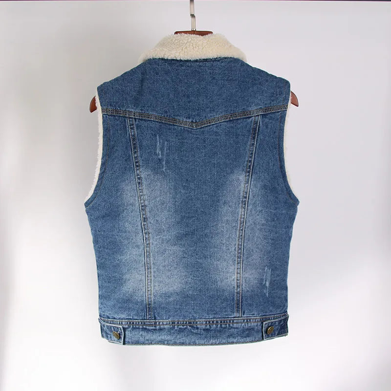 FZ Women's Slim Fit Lamb Fur Thickened Sleeveless Denim Jacket