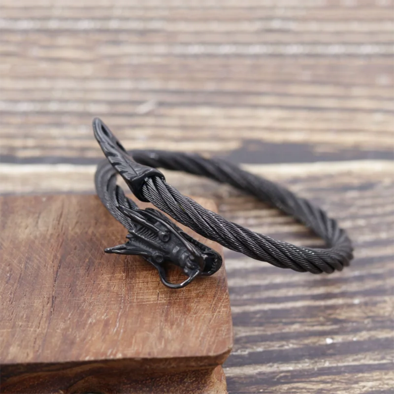 FZ Punk Viking Black Dragon Stainless Steel Vintage Open Cuff Bracelet - FZwear