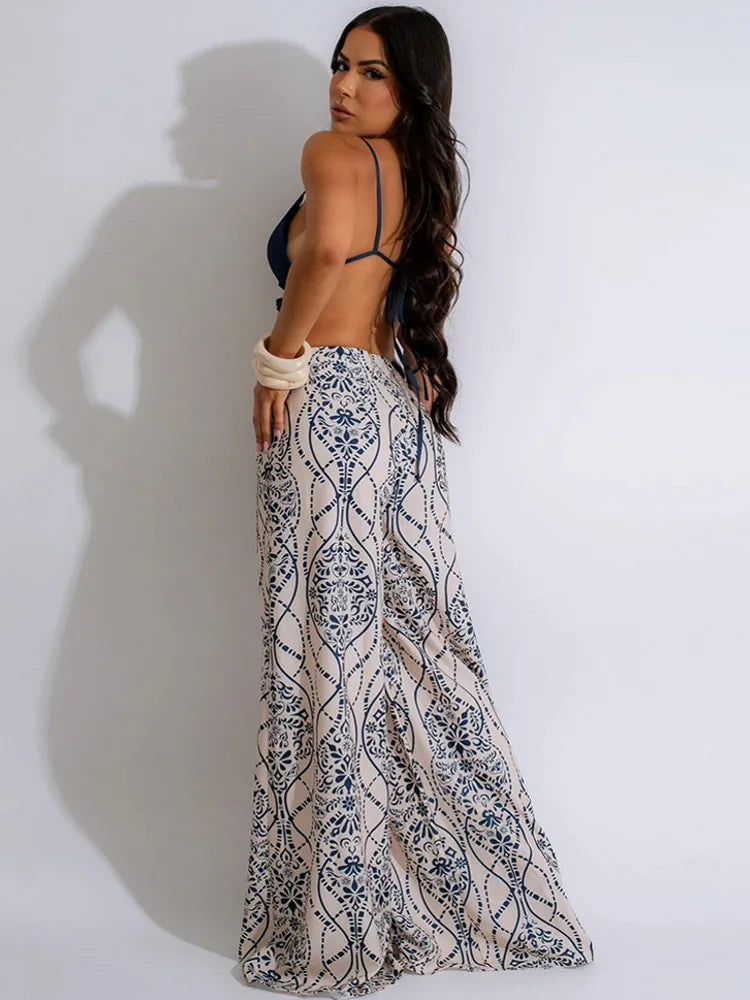 FZ Women's Sleeveless Bandage Wide Leg Print Stripe Jumpsuit DSers