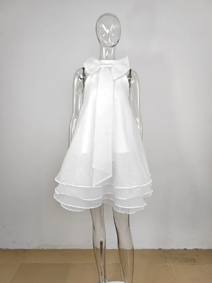 FZ Women's Cute Bow Neck Layered Puffy A Line Sleeveless Dress