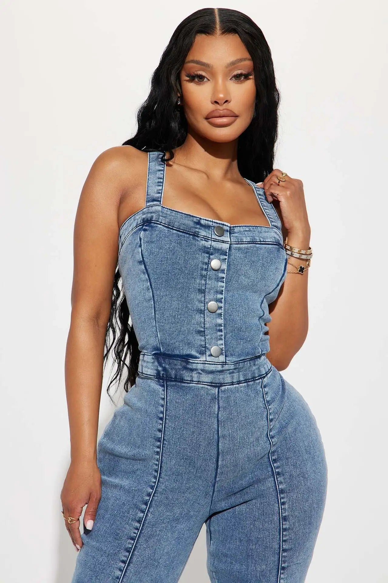 FZ Women's Sexy Strap Wide Leg Pants Flare Denim Jumpsuit