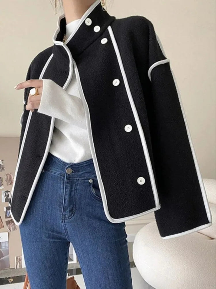 FZ Women's Simple Contrast Color High Neck Loose Fit Jacket