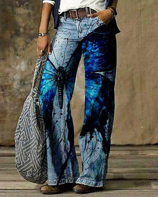 FZ Women's Street Retro Butterfly Printed Loose Oversized Flare Denim Pants - FZwear