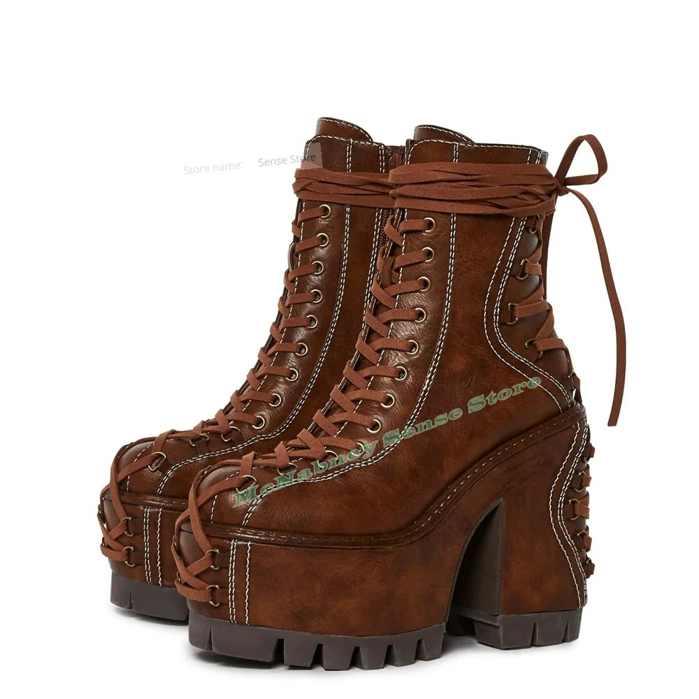 FZ Women's Straps Lace Up Round Toe High Platform Thick Ankle Boots