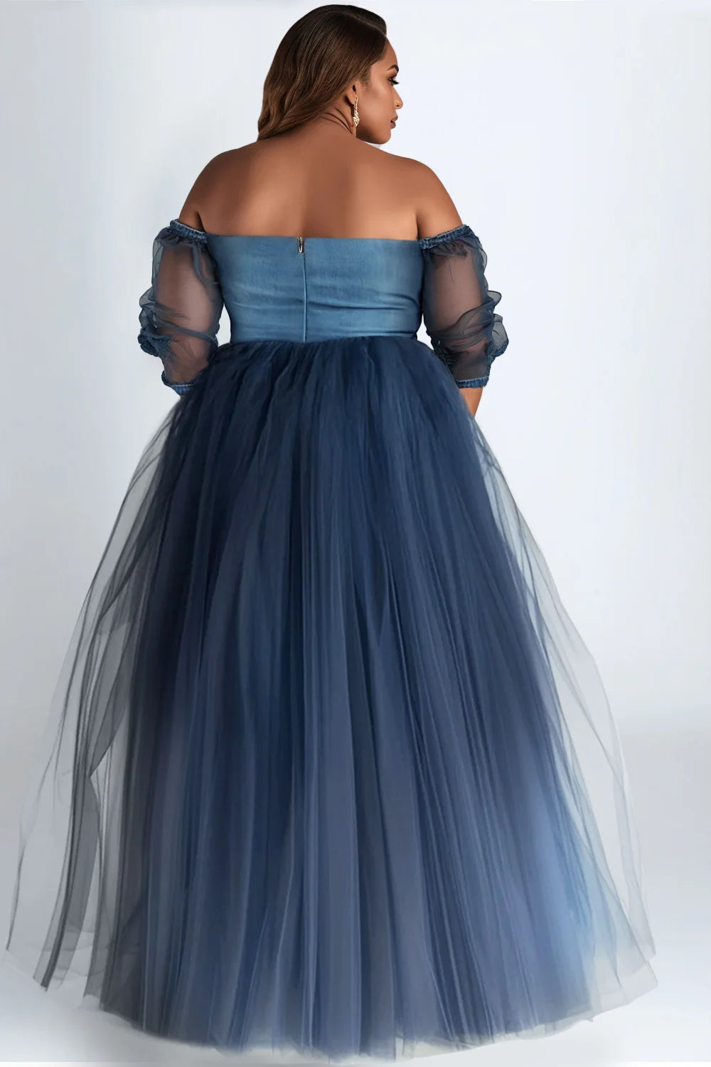 FZ Women's Plus Size Off The Shoulder See Through Contrast  Maxi Denim Evening Dress