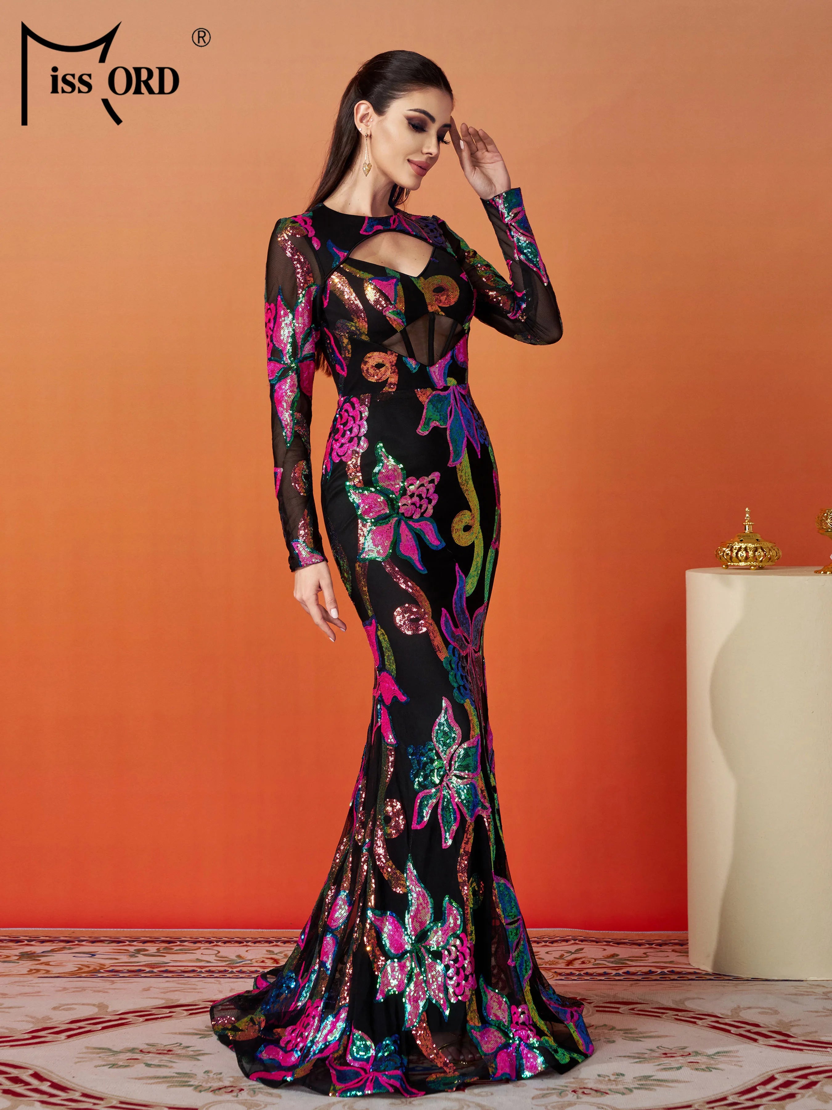 FZ Women's Floral Round Neck Long Sleeved Sequin Mermaid Evening Dress