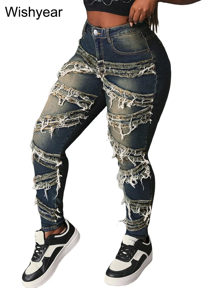 FZ Women's Vintage Pencil Ripped Spliced Distressed Stretch Denim Pants