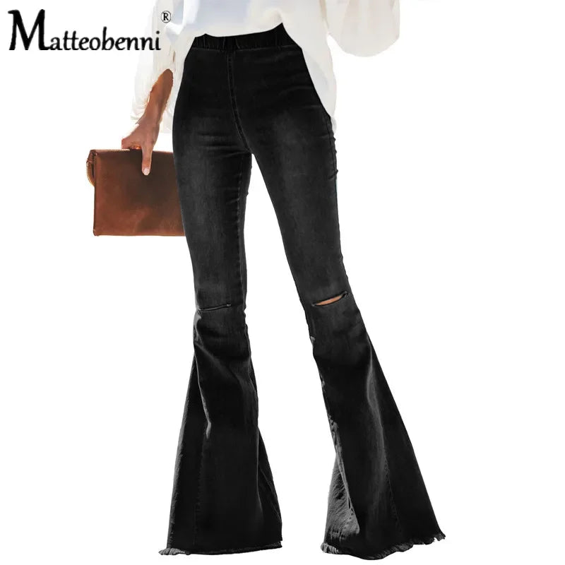 FZ Women's High Waisted Flared Ripped Knee Skinny Wide-Leg Denim Pants - FZwear