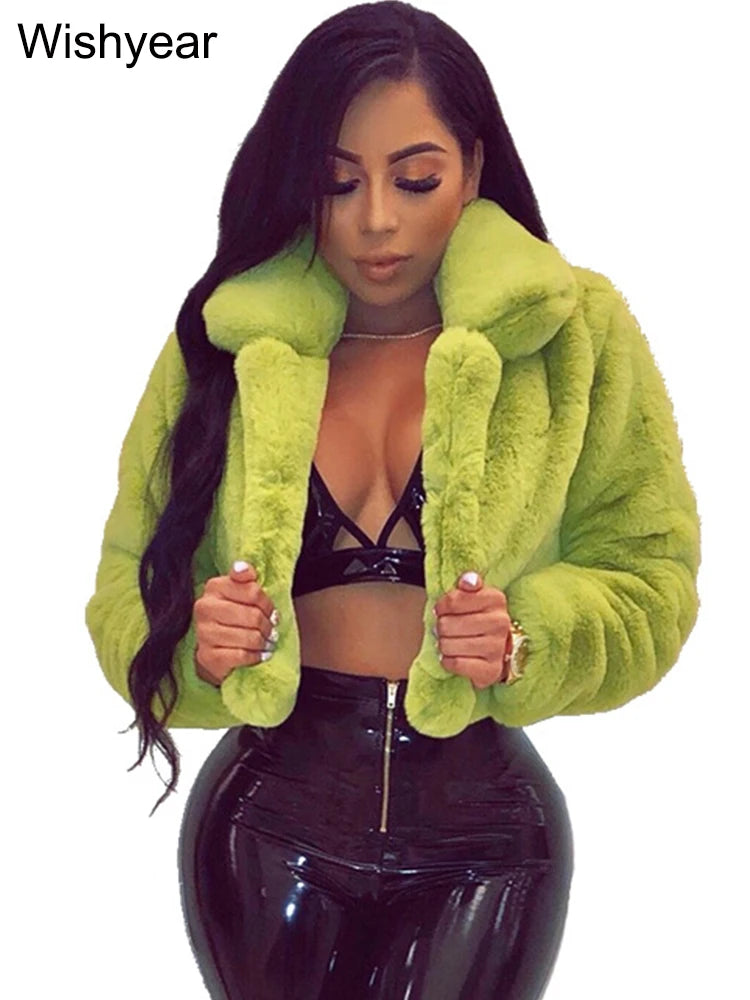 FZ Women's Faux Fur Open Stitch Lapel Crop Winter Fluffy Jacket