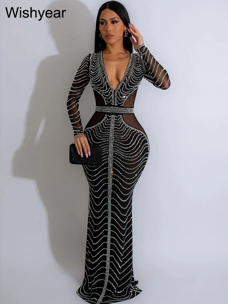 FZ Women's Luxury Diamonds Rhinestones Deep V-neck  Evening Maxi Dress - FZwear